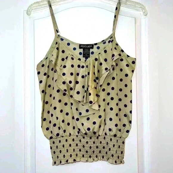 Cute tan with blue polka dot spaghetti strap shirt.  - Picture 1 of 3